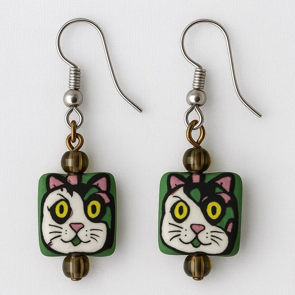 Spooky Cat Earrings With Handmade Beads